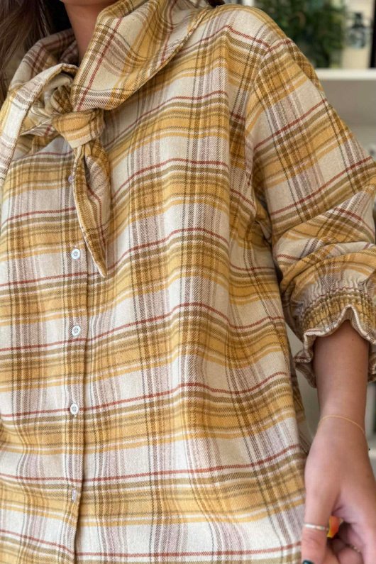 Agnes Plaid Brushed Cotton Neckerchief Blouse Soft Dijon